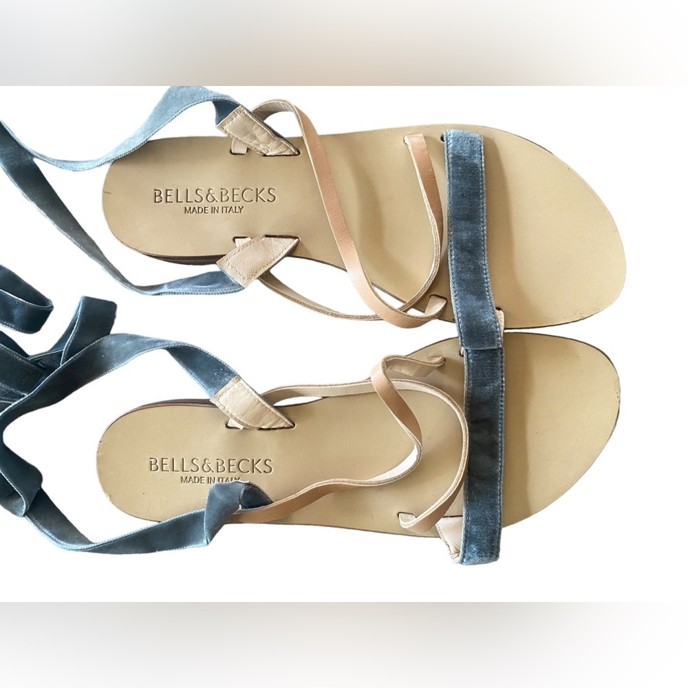 Bells&Becks Blue Velvet Ribbon Wrap w/ Leather Trim Sandals | Size 36